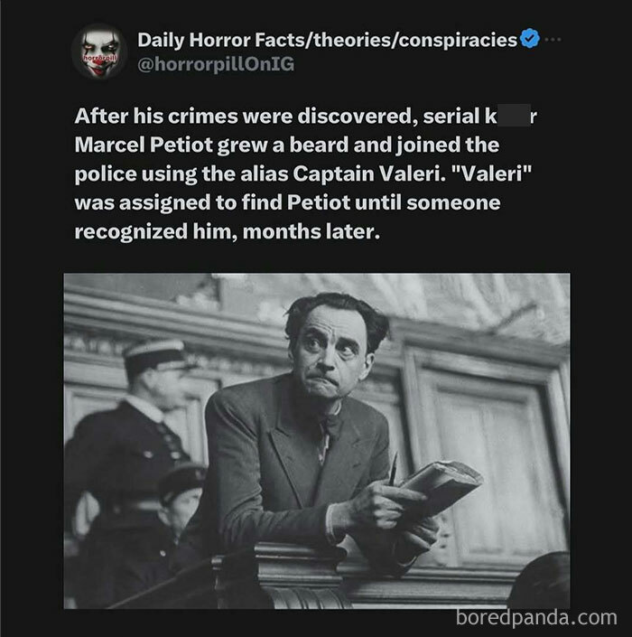 Black and white photo of a man in a courtroom, related to unsettling images from the horror pill online group.