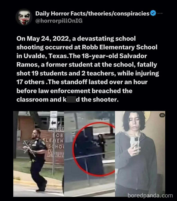 Screenshot from the horror pill group showing facts about the Uvalde school shooting with disturbing images of the incident.