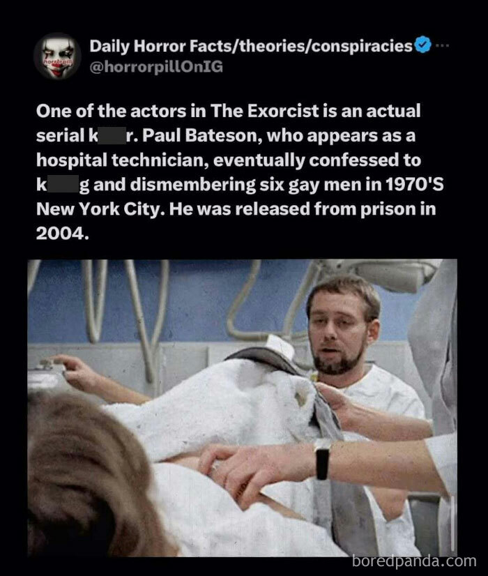 Screenshot from the horror pill online group showing a chilling fact about an actor in The Exorcist movie.