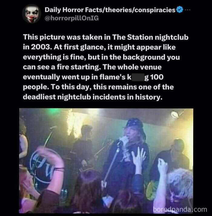 Crowd at a nightclub with a band playing and a hidden fire starting in the background, related to horror pill unsettling images.