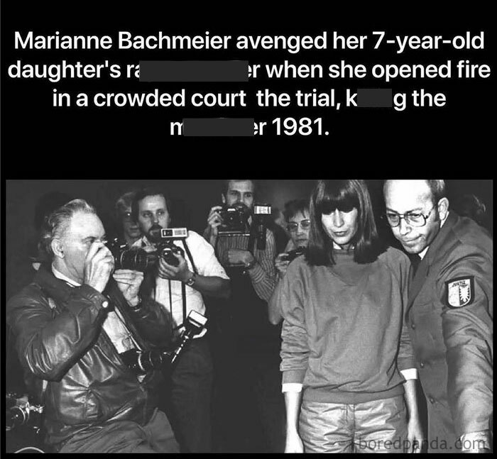 Black and white photo of a woman escorted by a guard with photographers taking pictures, unsettling images from horror pill group.