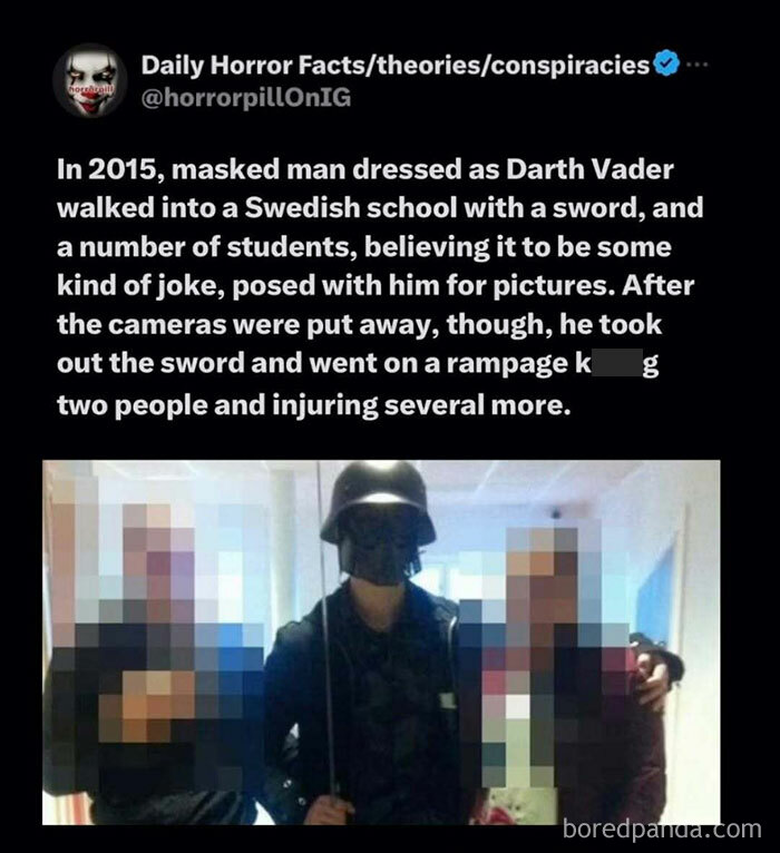 Masked man dressed as Darth Vader with sword in Swedish school, unsettling image related to horror pill online group post.