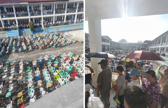 Crowds using umbrellas and spaced chairs outdoors coping with extreme heat during heatwaves around the world.