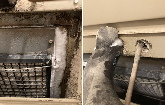 Frozen air conditioning unit showing the damage caused by extreme heatwaves and cooling system failure worldwide.