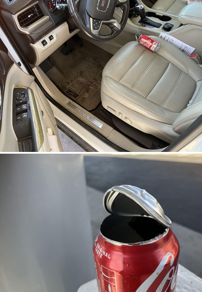 Interior de auto con asiento de piel y lata de refresco deformada por las altas temperaturas en olas de calor veraniegas.