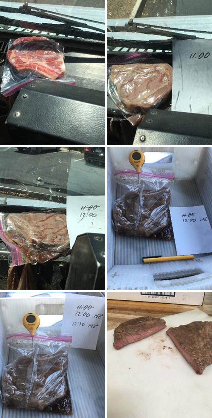 Carne cocinándose lentamente al aire libre por olas de calor veraniegas, mostrando consecuencias del calor extremo.