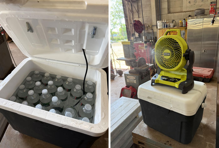 Nevera con botellas de agua fresca y ventilador símbolos de las consecuencias de las olas de calor veraniegas.