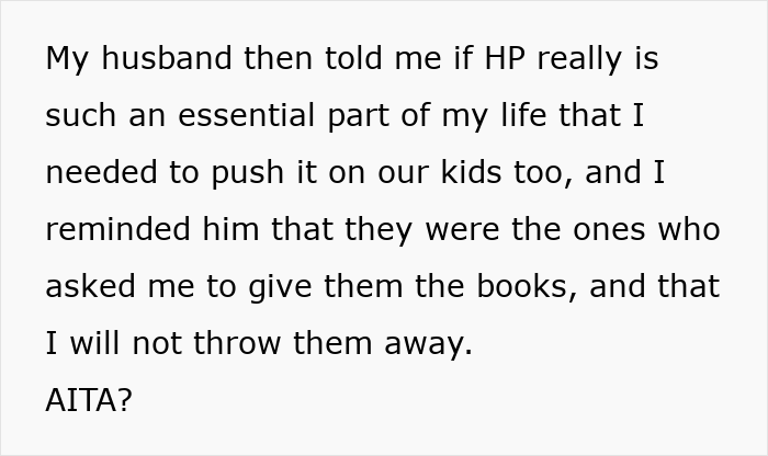 Text conversation discussing a family conflict over giving kids Harry Potter books and accusations of being bigoted.