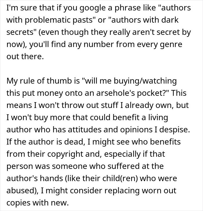 Alt text: Excerpt discussing opinions about buying books by authors with problematic pasts and the impact on family views about Harry Potter books.