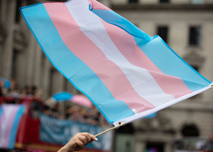 Transgender pride flag waving at a public event amid a crowd, symbolizing identity and inclusivity.