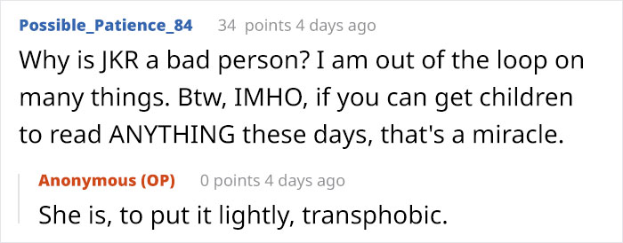 Comments discussing a bigoted and hateful person and a family upset about giving kids Harry Potter books.