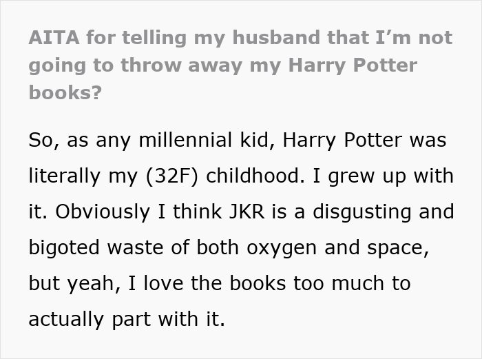 Text excerpt discussing a bigoted and hateful person and family conflict over giving kids Harry Potter books.