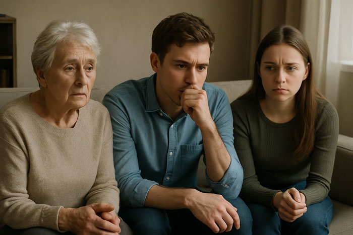 Worried couple and elderly woman sitting closely, showing tension and shock in a family conflict involving SIL and brother.