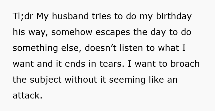 Text on screen showing a wife’s message about a husband’s birthday surprise causing tears and marriage therapy. - 12