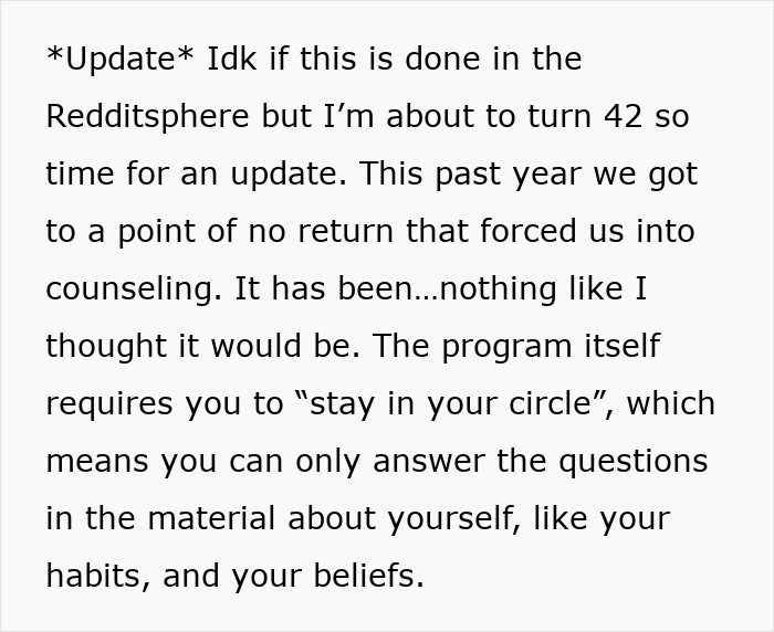 Text excerpt about marriage counseling update after husband’s birthday surprise leads to therapy after 19 years of marriage. - 41