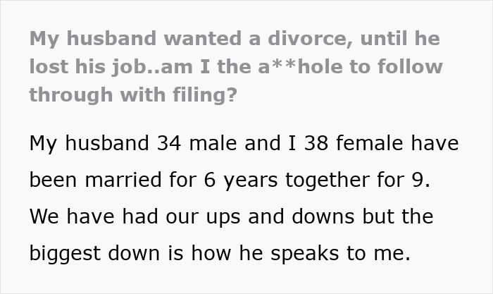 Man demands divorce from fat and lazy wife until he loses his job, sharing relationship struggles and communication issues. Man demands divorce from fat and lazy wife until he loses his job, sharing relationship struggles and communication issues.