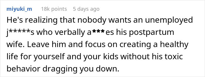 Comment from user describing a man demanding divorce from fat and lazy wife after losing his job in an online forum. Comment from user describing a man demanding divorce from fat and lazy wife after losing his job in an online forum.
