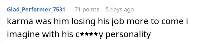 Comment text on a white background about karma and losing a job related to a man demanding divorce from a wife. Comment text on a white background about karma and losing a job related to a man demanding divorce from a wife.
