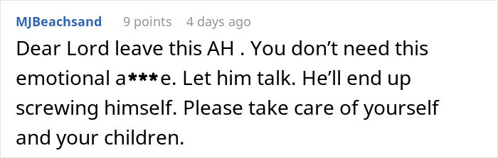 Comment expressing support to a man demanding divorce from fat and lazy wife who then loses his job. Comment expressing support to a man demanding divorce from fat and lazy wife who then loses his job.