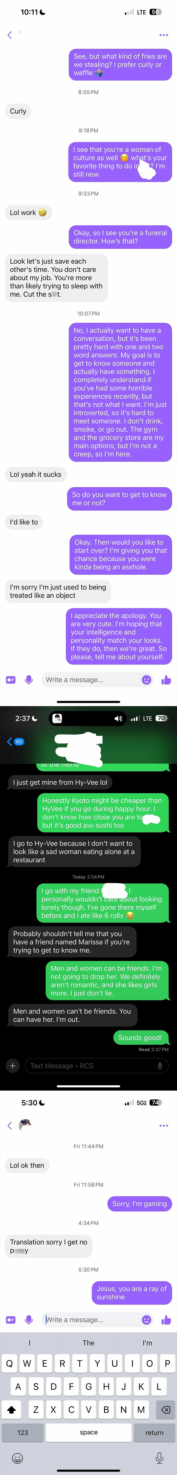 Text message exchanges showing confrontational and defensive conversations highlighting delusional behavior among women.