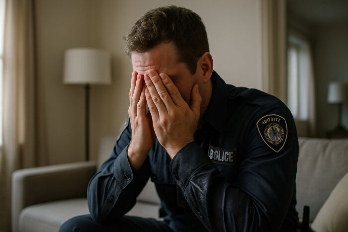 Police officer sitting on couch stressed and covering face, reflecting on creepy and disturbing things seen at someone’s home.