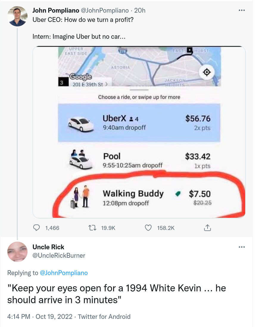 Screenshot of a humorous tweet with a meme about ride options featuring a walking buddy, related to memes and doomscrolling.