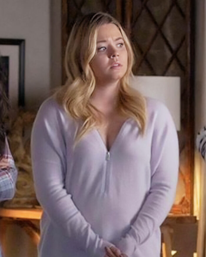 Sasha Pieterse with long blonde hair wearing a light purple top reflecting on doctors blaming weight gain on overeating.