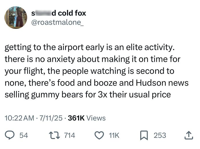 Tweet about the humor in getting to the airport early from a collection of hilarious tweets in July.