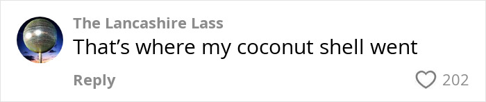 Screenshot of a social media comment reading “That’s where my coconut shell went” with 202 likes. Screenshot of a social media comment reading “That’s where my coconut shell went” with 202 likes.