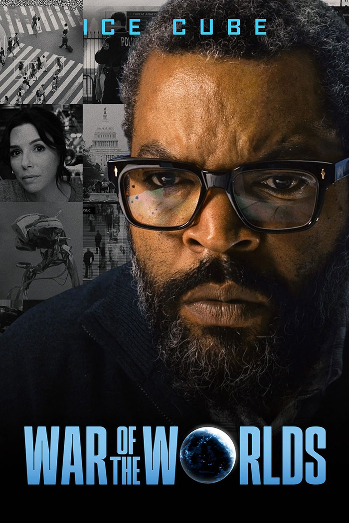 Close-up of Ice Cube wearing glasses in War of the Worlds movie poster with a dark-themed background. - 2