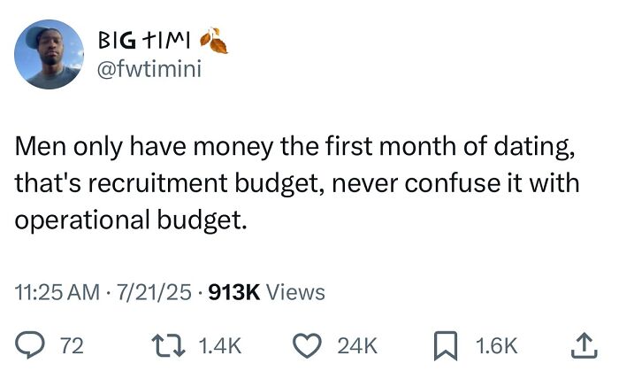 Tweet humor about dating budgets by Big Timi, featured in hilarious tweets from July with high engagement shown in views and likes.