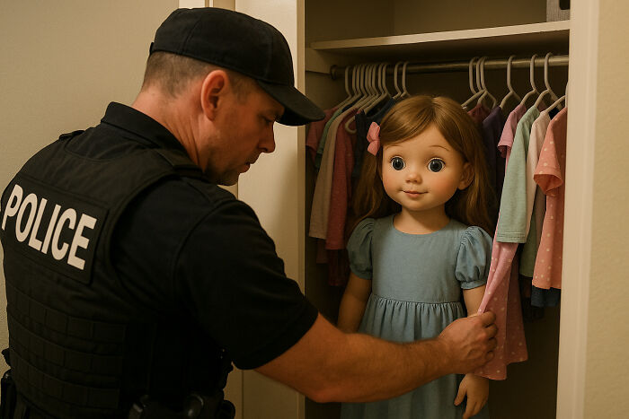 Police officer discovers creepy and disturbing doll hidden in closet during a home investigation scene.