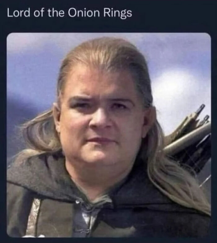 Meme showing a humorous Lord of the Rings photo edit with the caption Lord of the Onion Rings.