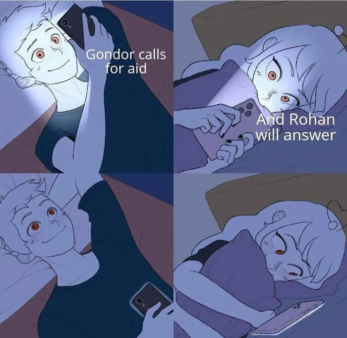 Two characters in bed looking at their phones, featuring a Lord of the Rings meme about Gondor and Rohan calling for aid.