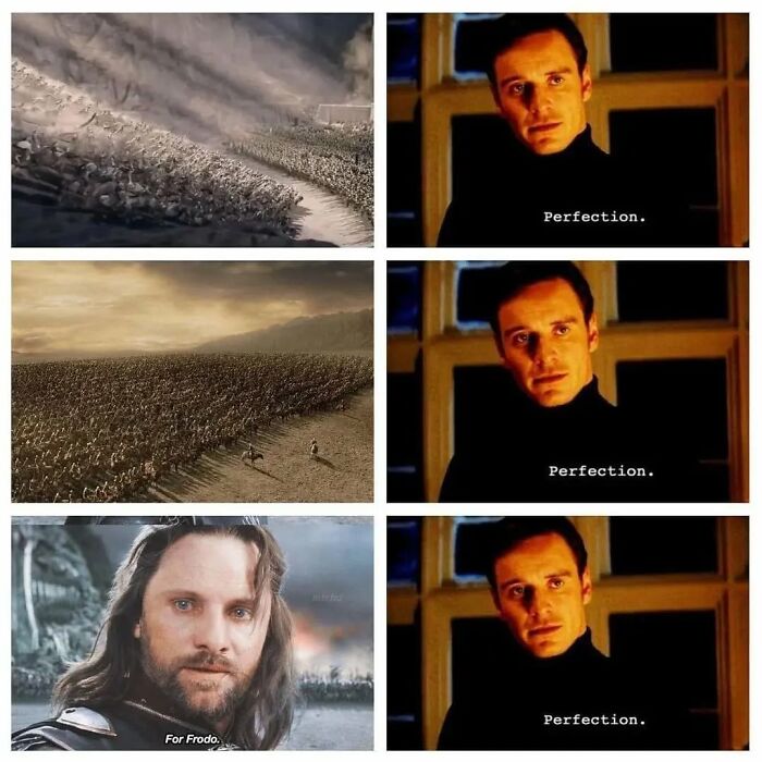 Memes from Lord of the Rings showing battle scenes and a character praising with the word Perfection.