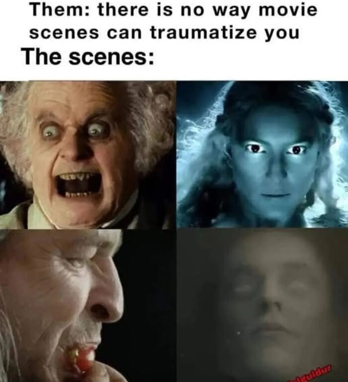 Four intense and traumatizing scenes from Lord of the Rings movies showing shocked and eerie character expressions.