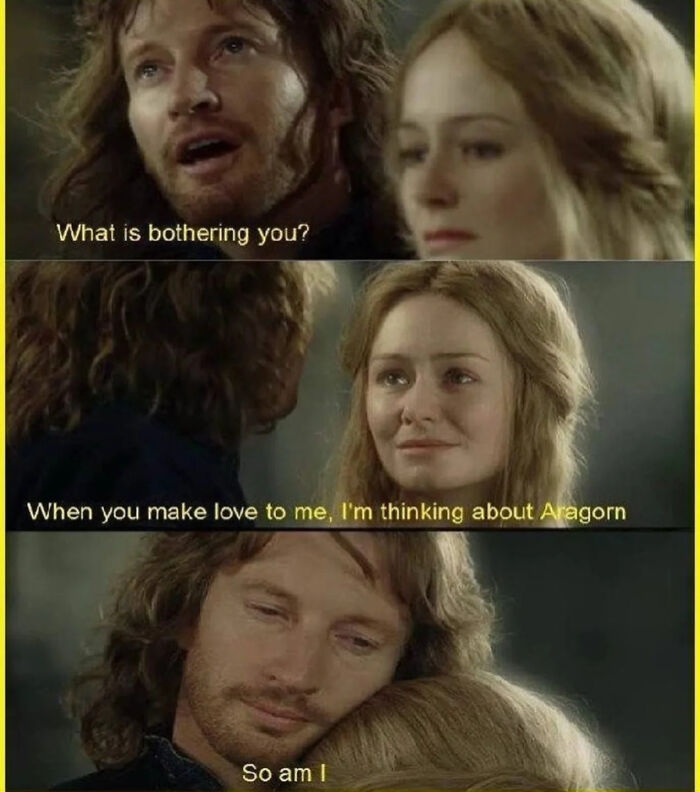 A hilarious Lord of the Rings meme featuring characters discussing feelings about Aragorn with a tender hug.