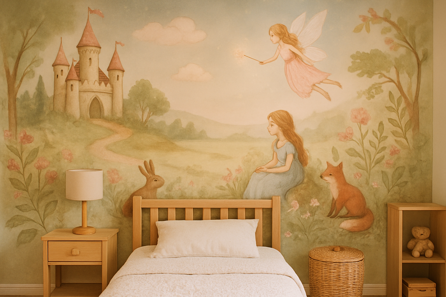 Child's bedroom with whimsical wall art featuring a fairy, animals, and a castle in a serene nature scene.