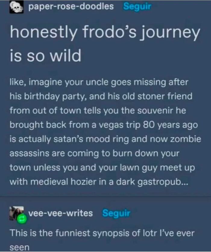 Funny synopsis of Frodo’s wild journey in Lord of the Rings, featuring zombies, medieval characters, and unexpected twists.