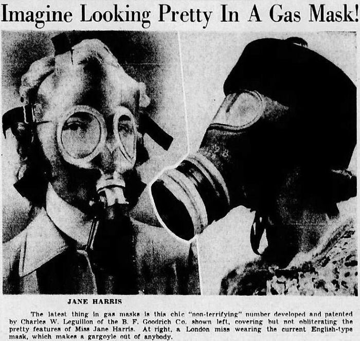 Black and white weird history photo showing women wearing unusual vintage gas masks in early 20th century style.
