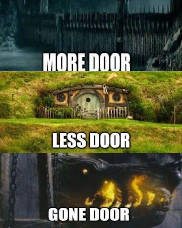 Three-panel Lord of the Rings meme showing different doors with captions more door, less door, gone door.