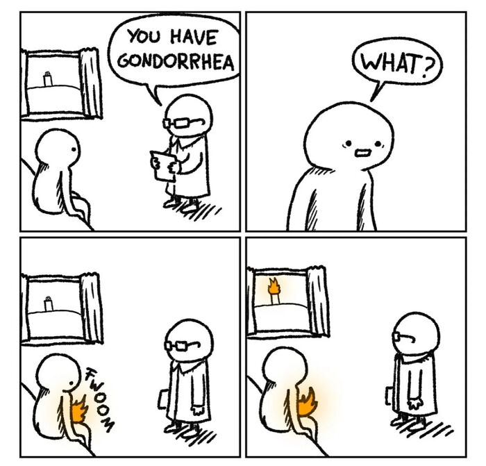 Simple black and white comic showing a patient told they have gondorrhea, with a fiery pun referencing Lord of the Rings memes.