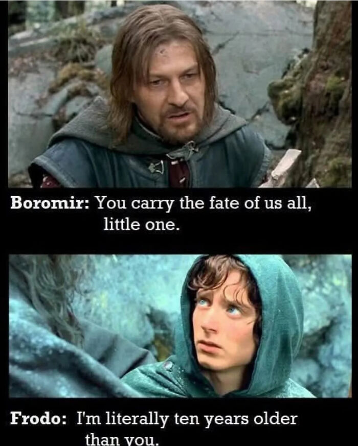 Boromir speaking to Frodo in a forest scene from Lord of the Rings meme with humorous dialogue about age and fate.