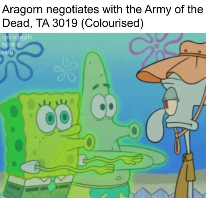 SpongeBob and Patrick parodying a Lord of the Rings scene, humorously negotiating with the Army of the Dead meme.