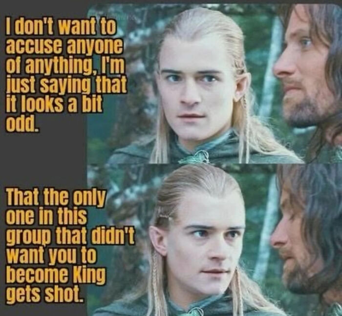 Two scenes from Lord of the Rings meme showing Legolas commenting on group dynamics and suspicion in a forest setting.