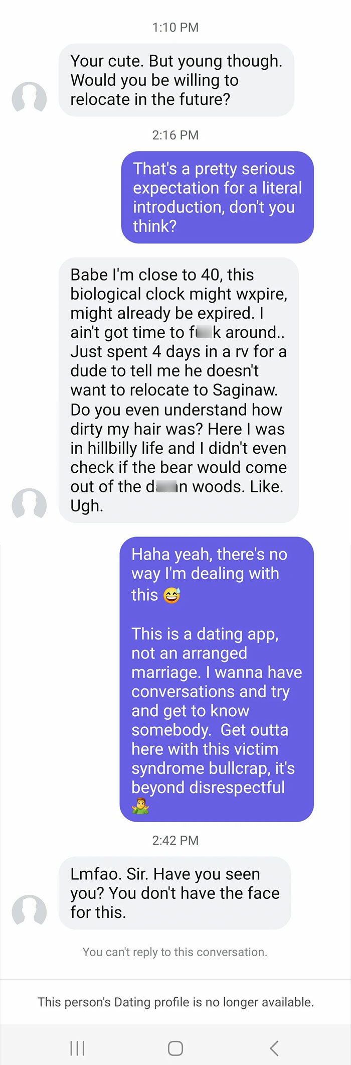 Text conversation showing women called out for delusional behavior in dating app exchange with serious expectations.