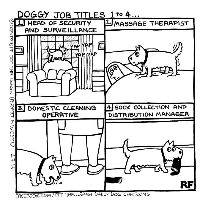 Black and white comic with dogs in funny roles like security, massage therapist, and sock collector, from Off The Leash comics.