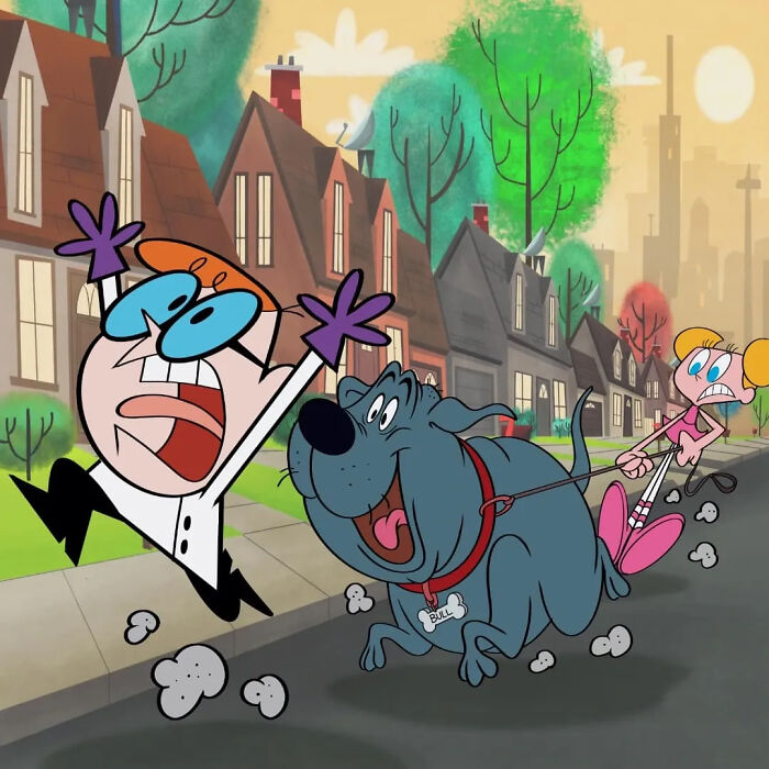 Cartoon mashup showing a dog pulling a frightened man and a girl struggling to hold the leash on a suburban street.