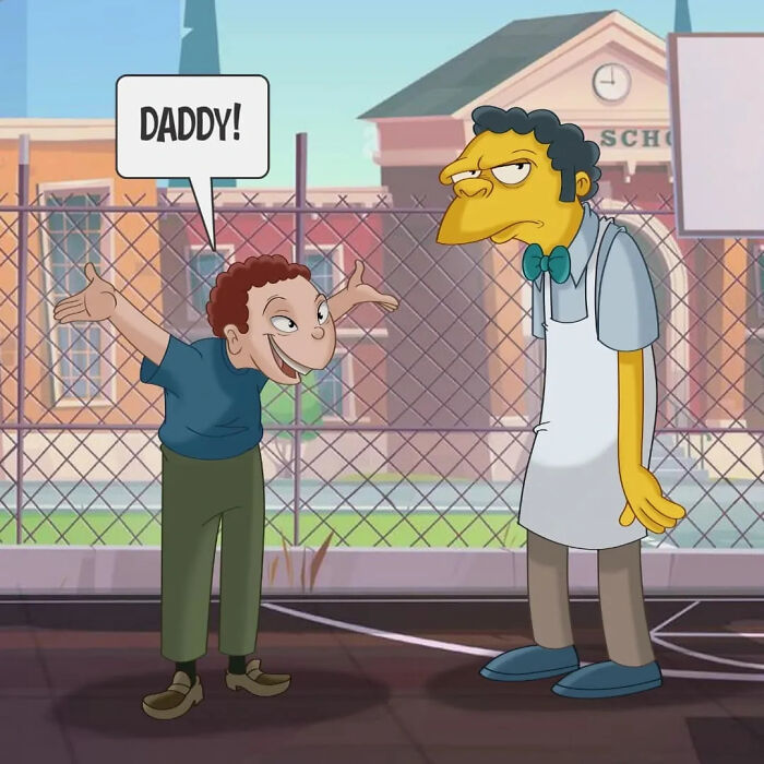 Cartoon mashup with a boy calling Daddy to a character resembling Moe Szyslak from a well-known animated series.