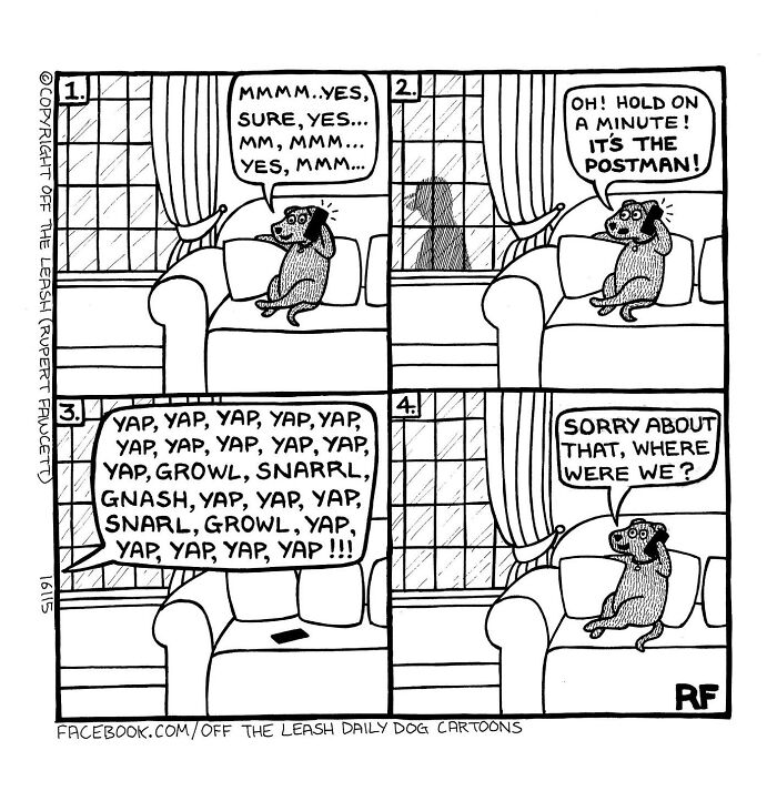 Comic strip showing a dog on a couch barking loudly at the postman in a funny off the leash dog owner cartoon.